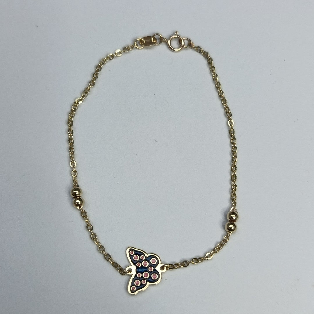 PULSERA TEJIDO ESPECIAL MARIPOSA CON ESMALTE 14K 18 CM 1.9 GR (NUEVO)