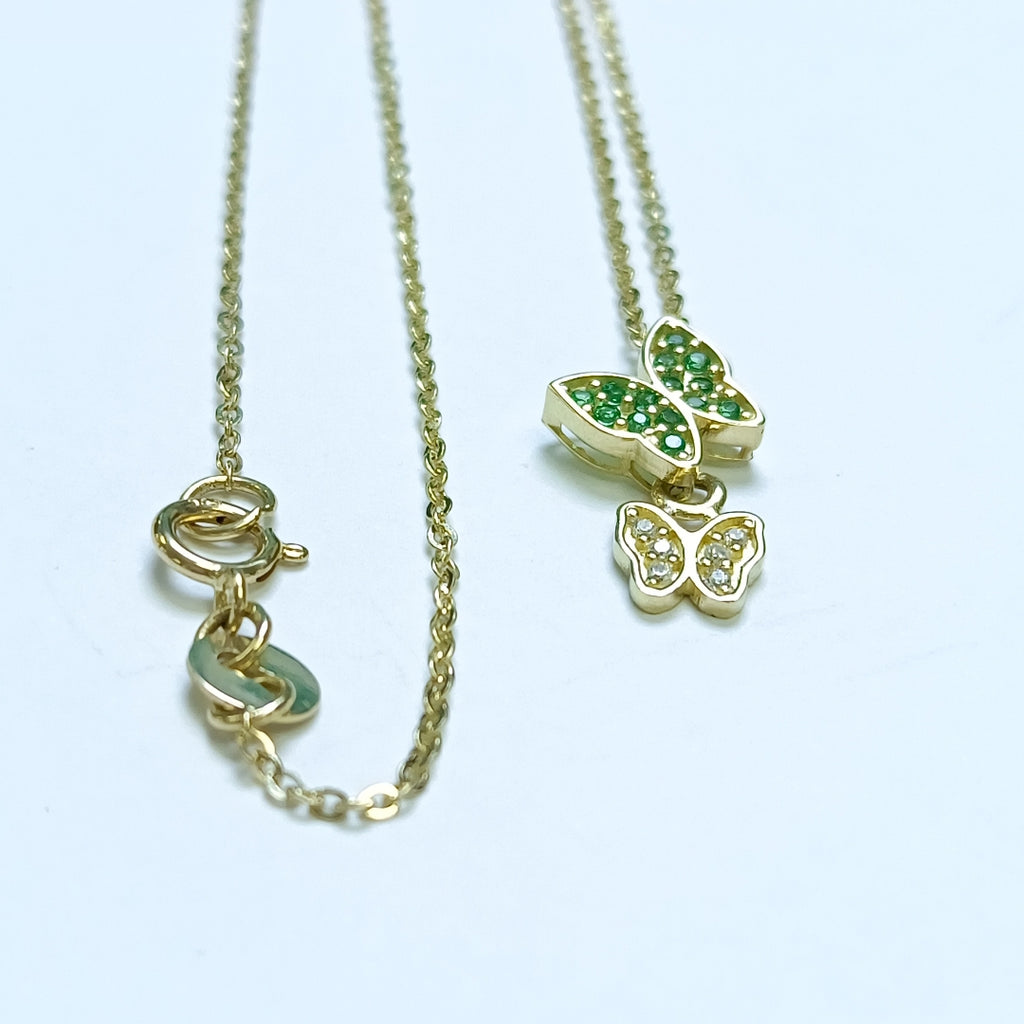 CADENA TEJIDO GARGANTILLA CON DIJE MARIPOSAS CIRCONIAS Y PIEDRAS DE COLOR 14K 45 CM 2 GR (NUEVO)
