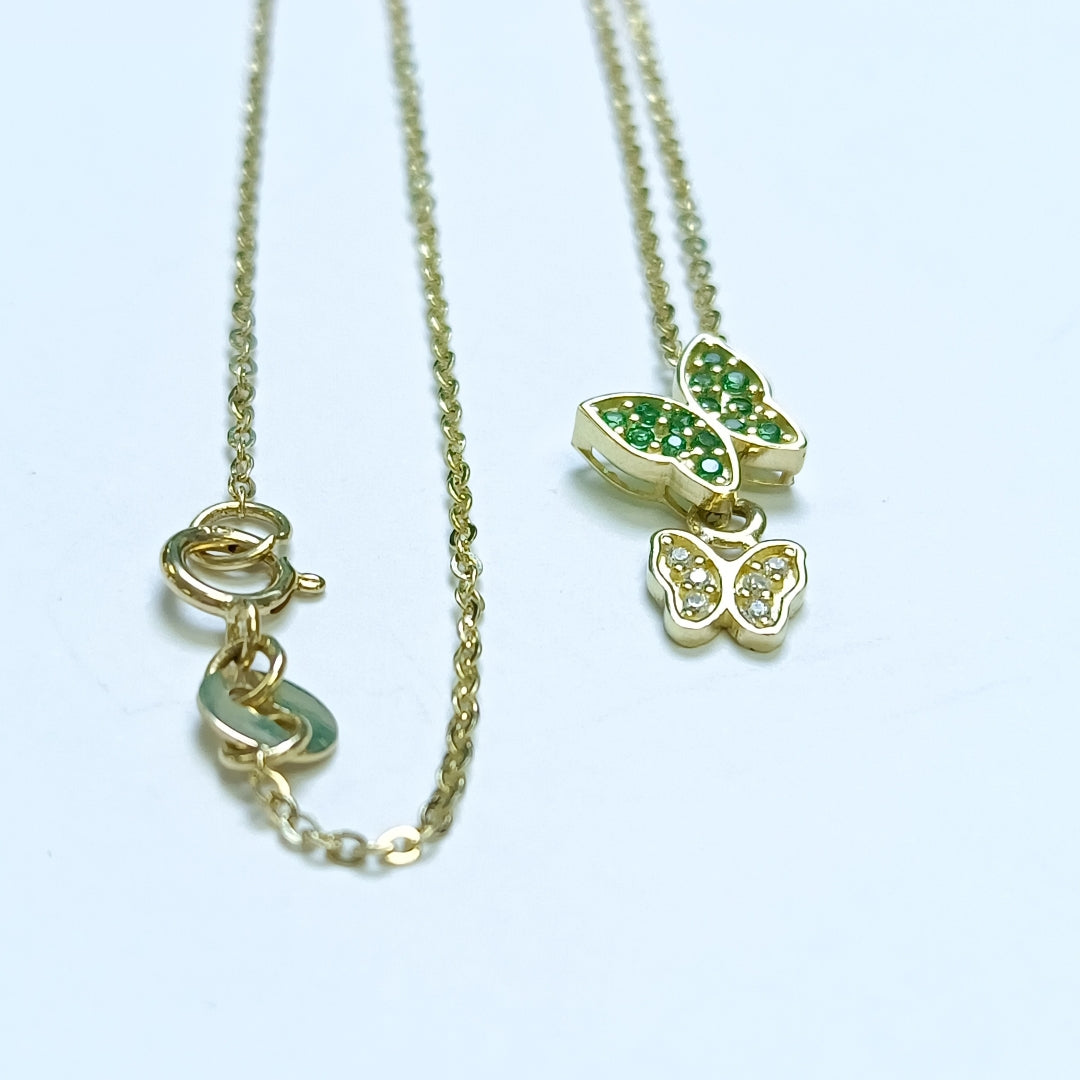 CADENA TEJIDO GARGANTILLA CON DIJE MARIPOSAS CIRCONIAS Y PIEDRAS DE COLOR 14K 45 CM 2 GR (NUEVO)