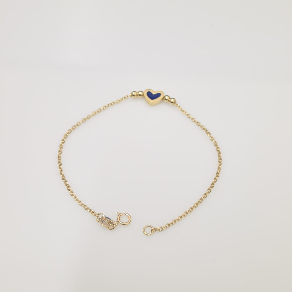 PULSERA TEJIDO ESPECIAL CON FIGURA CORAZON CON ESMALTE AZUL 14K 18 CM 2 GR (NUEVO)