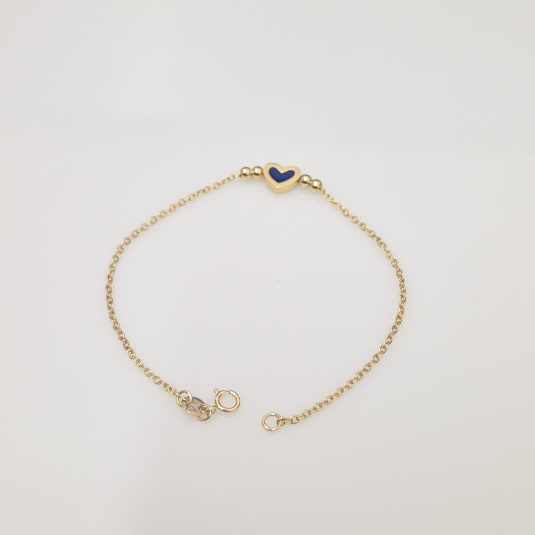PULSERA TEJIDO ESPECIAL CON FIGURA CORAZON CON ESMALTE AZUL 14K 18 CM 2 GR (NUEVO)