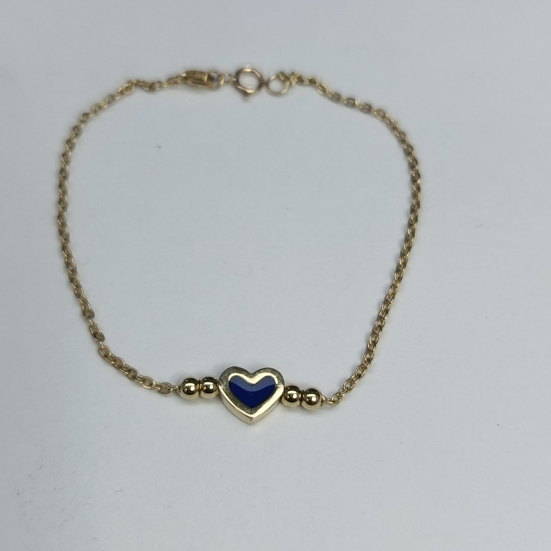 PULSERA TEJIDO ESPECIAL CON FIGURA CORAZON CON ESMALTE AZUL 14K 18 CM 2 GR (NUEVO)