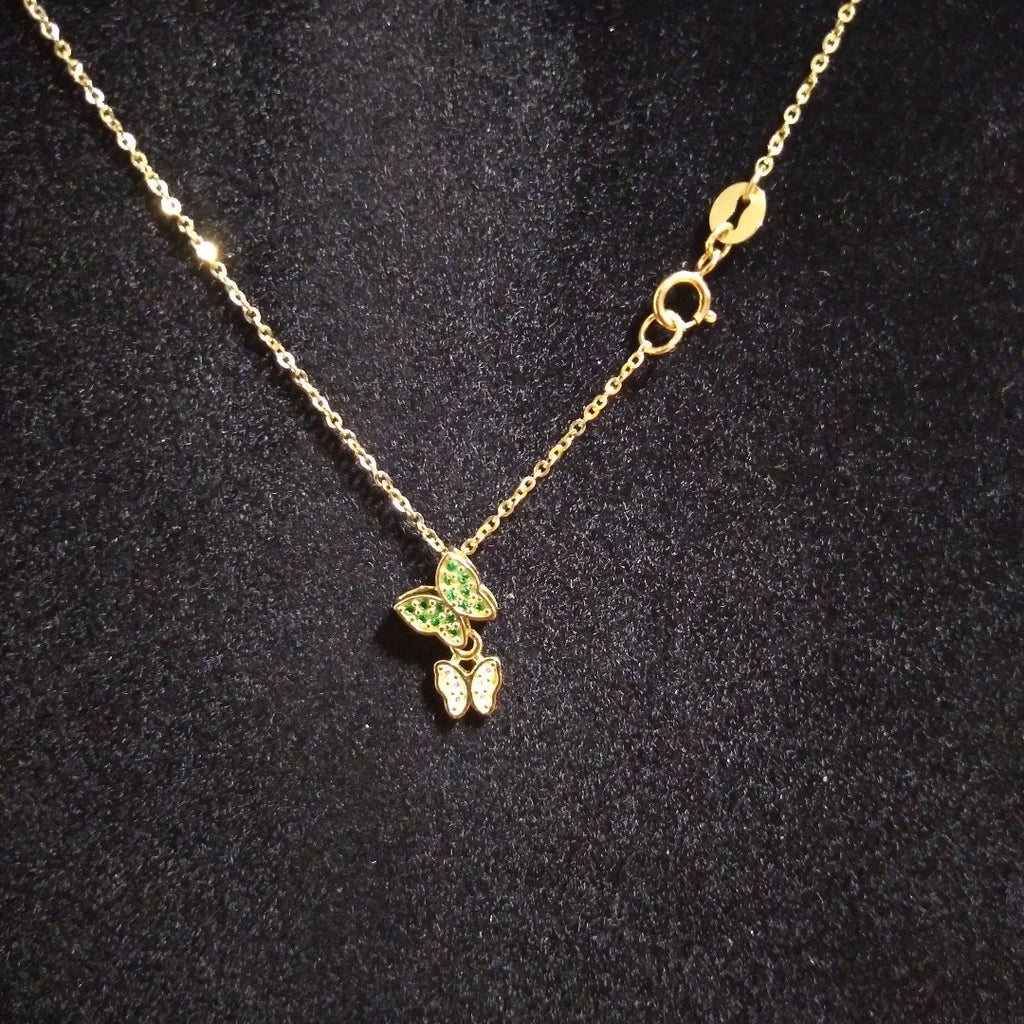 CADENA TEJIDO GARGANTILLA CON DIJE MARIPOSAS CIRCONIAS Y PIEDRAS DE COLOR 14K 45 CM 2 GR (NUEVO)