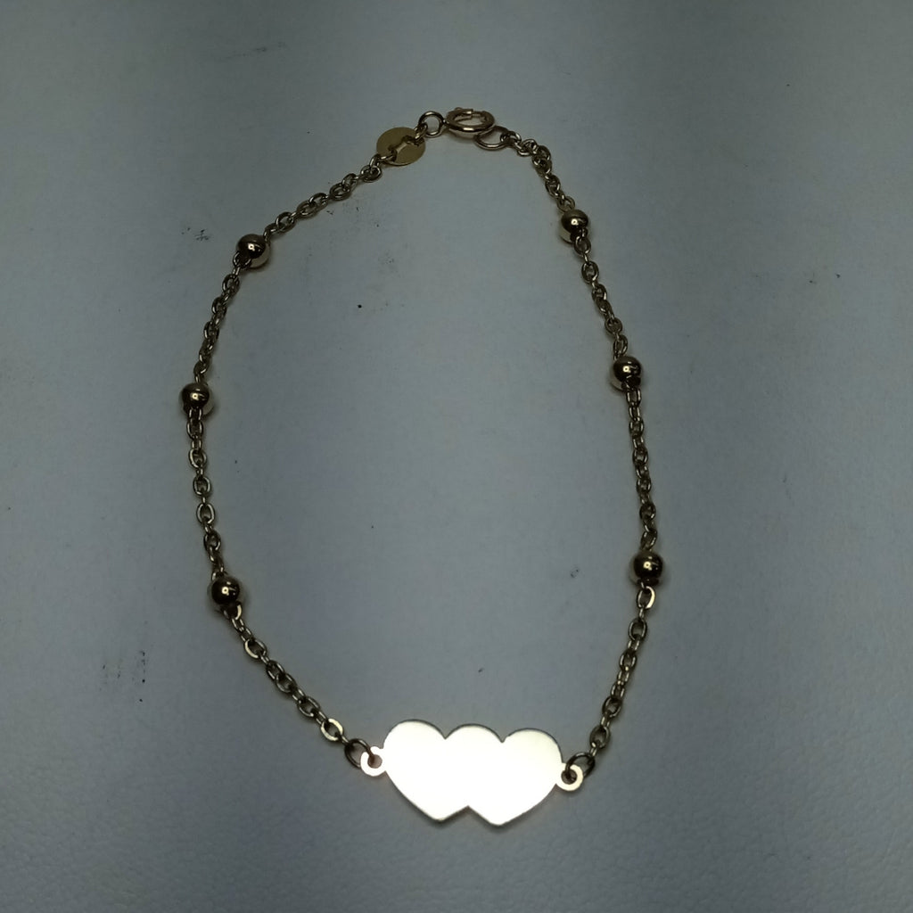 PULSERA TEJIDO ESPECIAL CON DOS CORAZONES 14K 18 CM 1.7 GR (NUEVO)