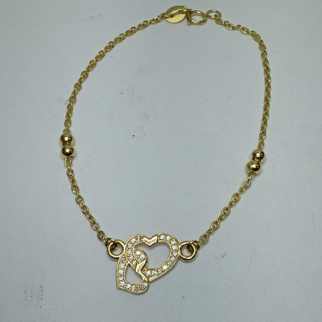 PULSERA TEJIDO ESPECIAL CORAZONES CON CIRCONIAS 14K 18 CM 2.4 GR (NUEVO)