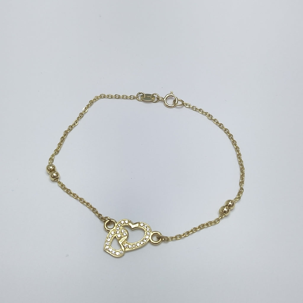 PULSERA TEJIDO ESPECIAL CORAZONES CON CIRCONIAS 14K 18 CM 2.4 GR (NUEVO)