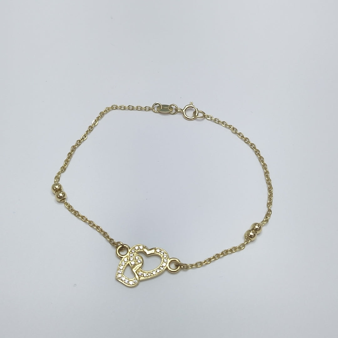 PULSERA TEJIDO ESPECIAL CORAZONES CON CIRCONIAS 14K 18 CM 2.4 GR (NUEVO)