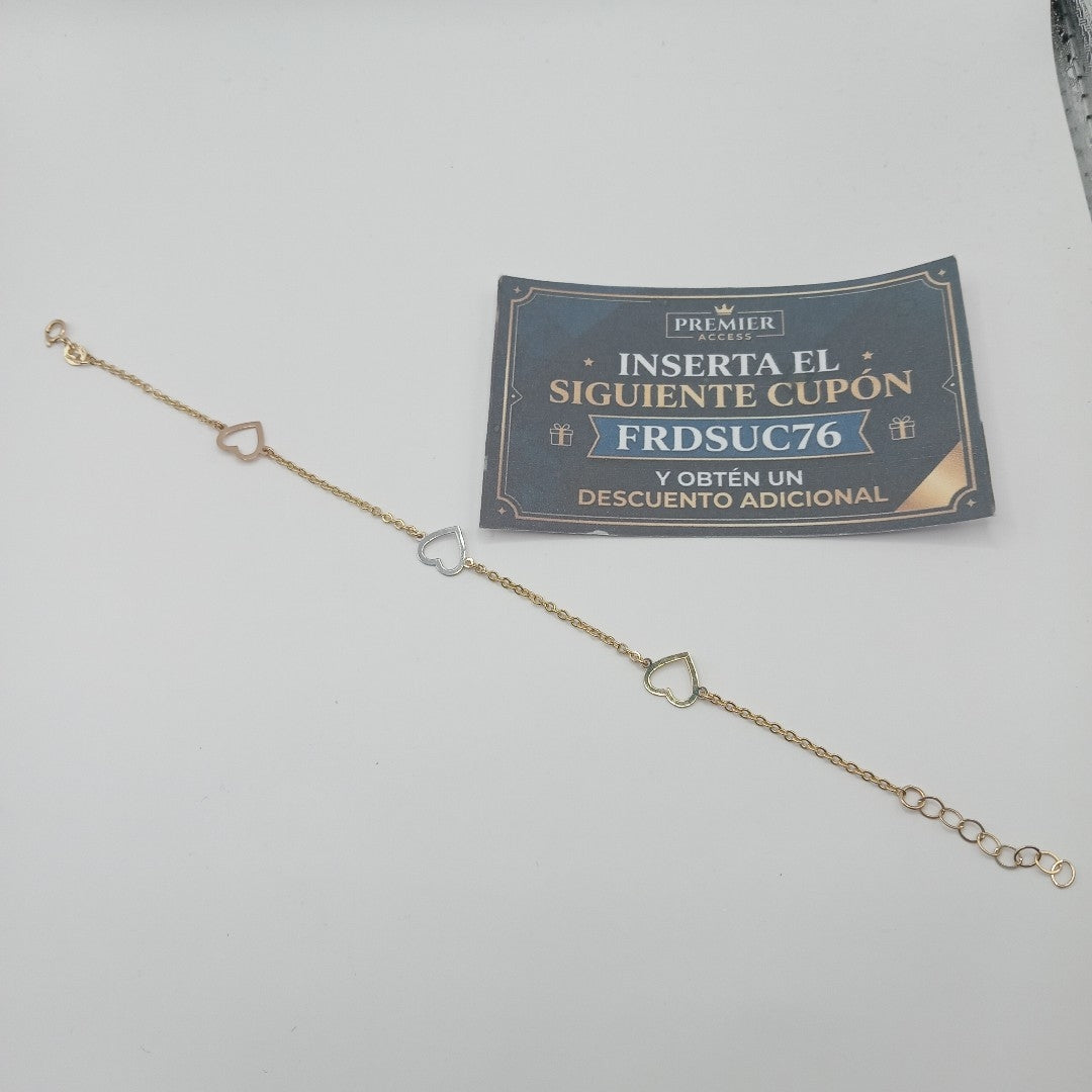 PULSERA ESPECIAL CON CORAZONES CONBINADOS 14K 18 CM 1.7 GR (NUEVO)