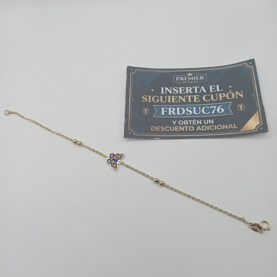 PULSERA TEJIDO ESPECIAL MARIPOSA CON ESMALTE 14K 18 CM 1.8 GR (NUEVO)