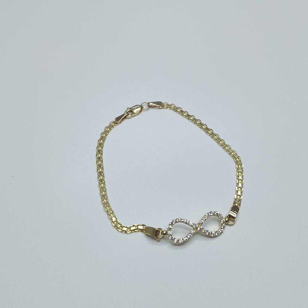 PULSERA TEJIDO ESPECIAL CON INFINITO Y CIRCONIAS 14K 18 CM 3.3 GR (NUEVO)