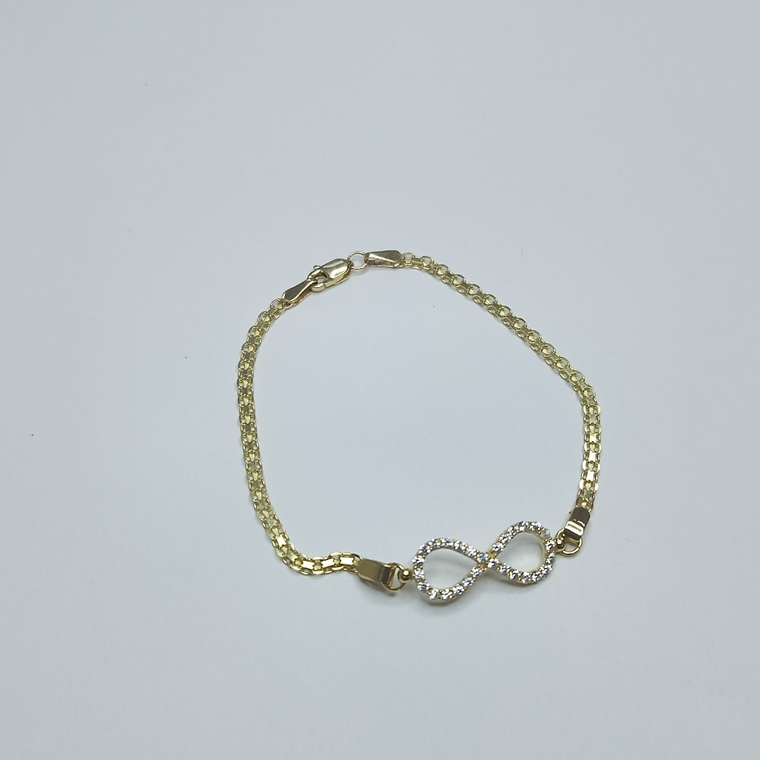 PULSERA TEJIDO ESPECIAL CON INFINITO Y CIRCONIAS 14K 18 CM 3.3 GR (NUEVO)