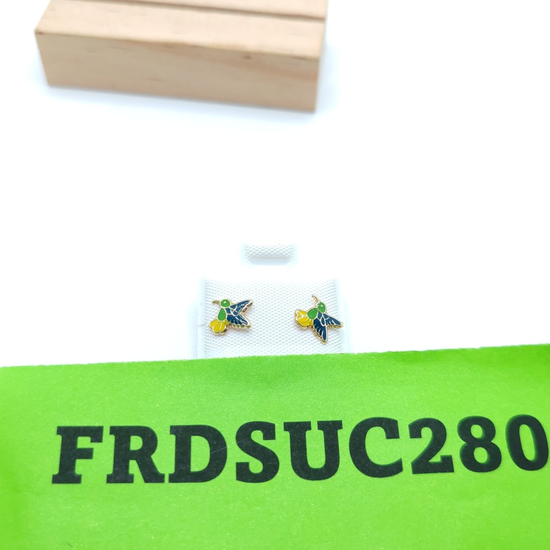 BROQUELES BROQUEL FIG COLIBRI ESMALTE VERDE 14K 0.2138 GR (NUEVO)