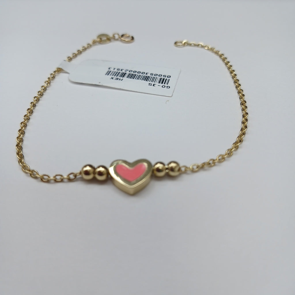 PULSERA TEJIDO ESPECIAL CON FIGURA CORAZON CON ESMALTE ROSA 14K 18 CM 1.9 GR (NUEVO)