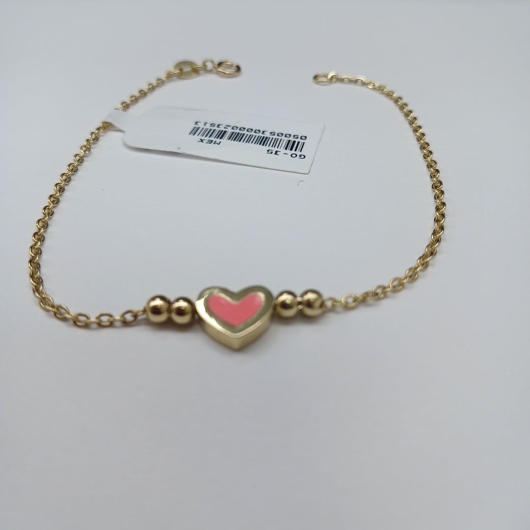 PULSERA TEJIDO ESPECIAL CON FIGURA CORAZON CON ESMALTE ROSA 14K 18 CM 1.9 GR (NUEVO)