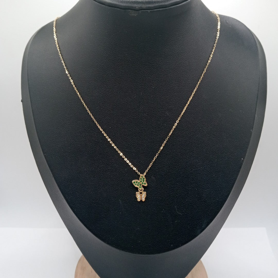 CADENA TEJIDO GARGANTILLA CON DIJE MARIPOSAS CIRCONIAS Y PIEDRAS DE COLOR 14K 45 CM 1.9 GR (NUEVO)