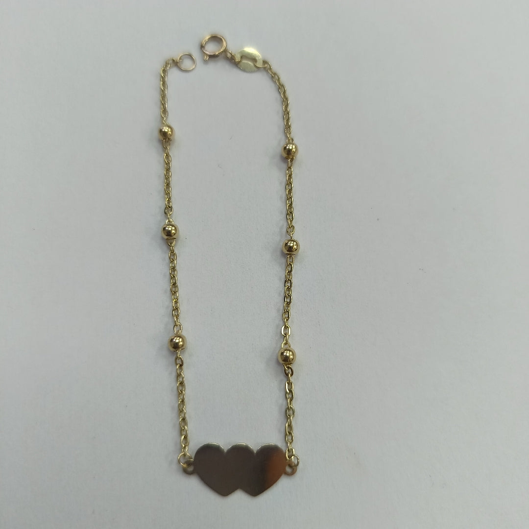 PULSERA TEJIDO ESPECIAL CON DOS CORAZONES 14K 18 CM 1.7 GR (NUEVO)