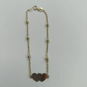 PULSERA TEJIDO ESPECIAL CON DOS CORAZONES 14K 18 CM 1.7 GR (NUEVO)