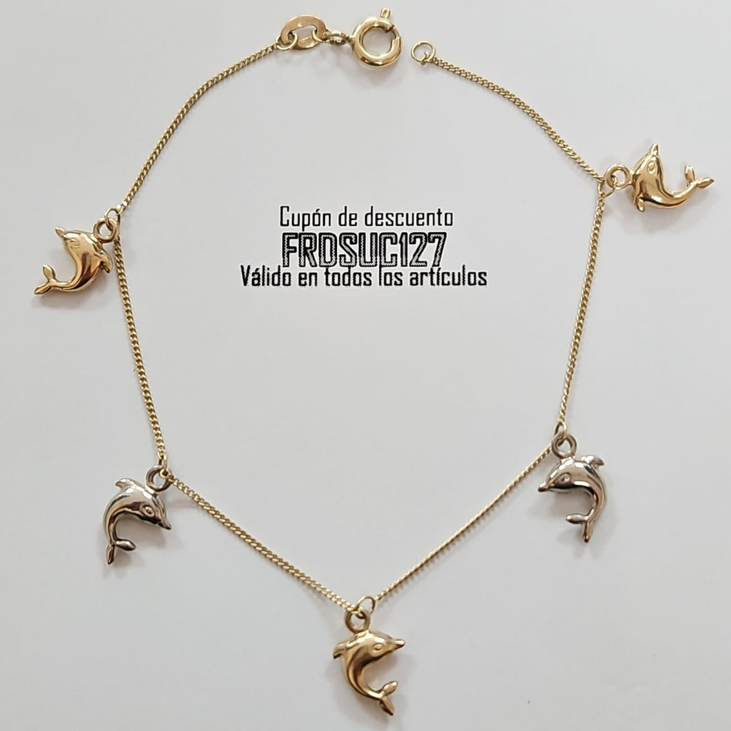 PULSERA ESPECIAL DIJES DELFINES 10K 18 CM 1.8 GR (NUEVO)
