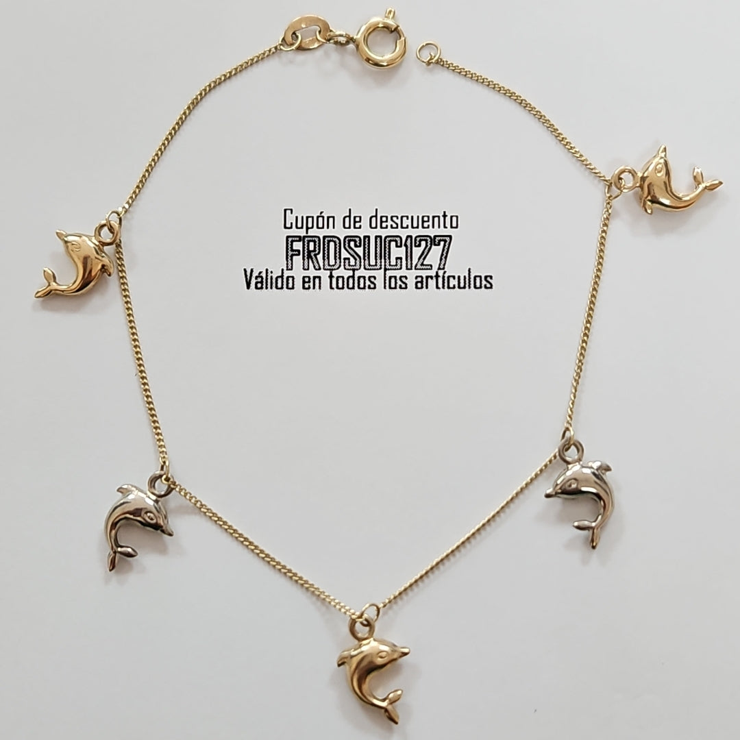PULSERA ESPECIAL DIJES DELFINES 10K 18 CM 1.8 GR (NUEVO)