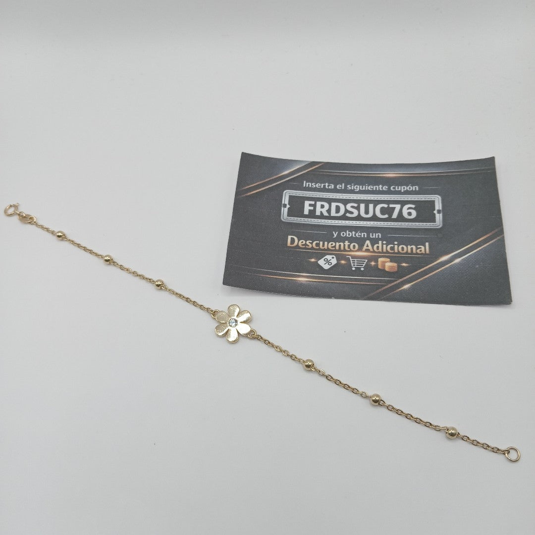 PULSERA TEJIDO ESPECIAL FLOR CON CIRCONIA 14K 18 CM 2.5 GR (NUEVO)