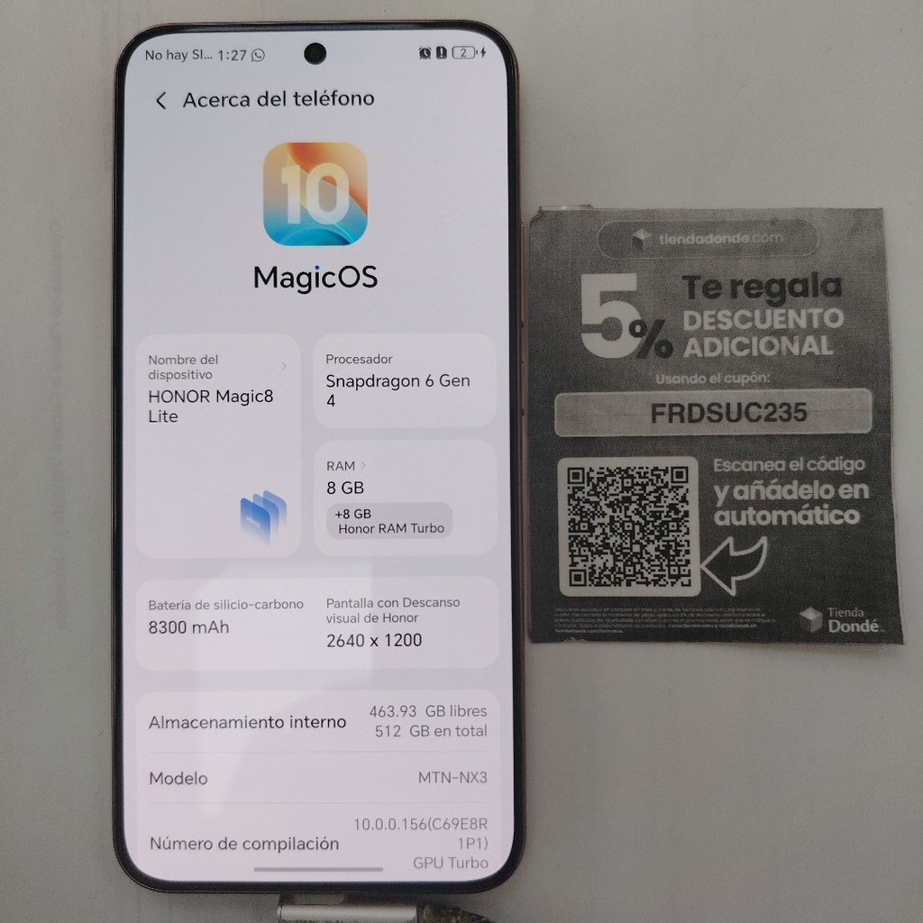 CELULAR HONOR MAGIC 8 LITE MTN-NX3 (2025) 512 GB 8 GB RAM (SEMINUEVO)