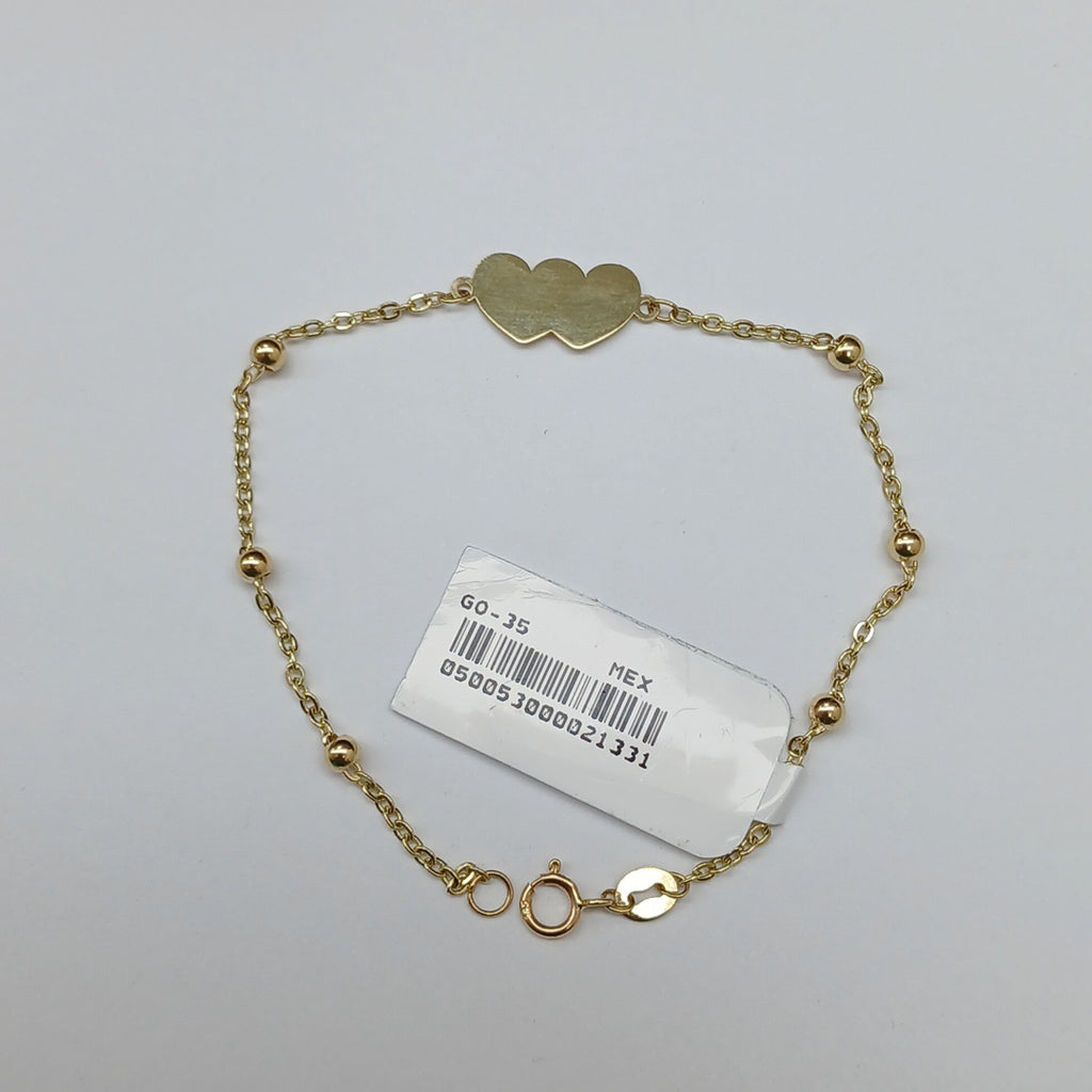 PULSERA TEJIDO ESPECIAL CON DOS CORAZONES 14K 18 CM 1.7 GR (NUEVO)
