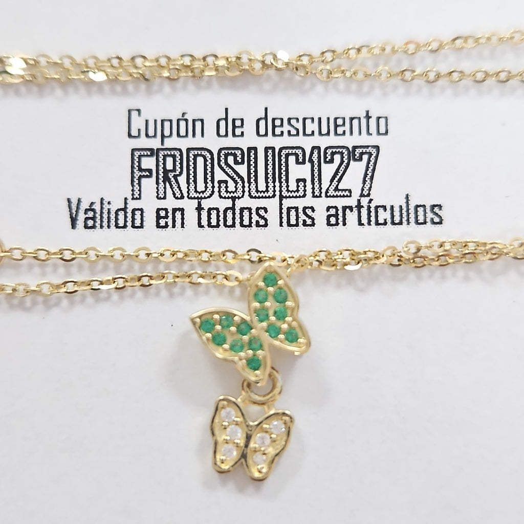 CADENA TEJIDO GARGANTILLA CON DIJE MARIPOSAS CIRCONIAS Y PIEDRAS DE COLOR 14K 45 CM 2 GR (NUEVO)