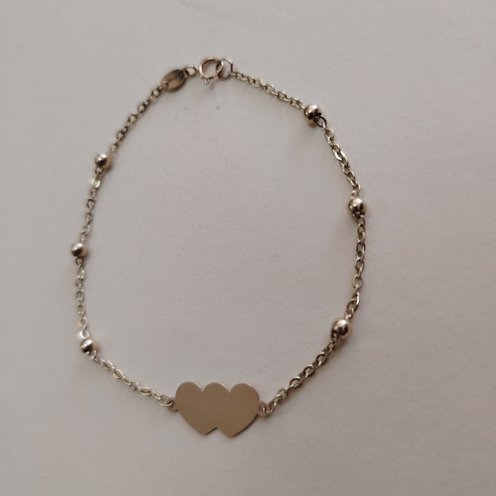 PULSERA TEJIDO ESPECIAL CON DOS CORAZONES 14K 18 CM 1.7 GR (NUEVO)