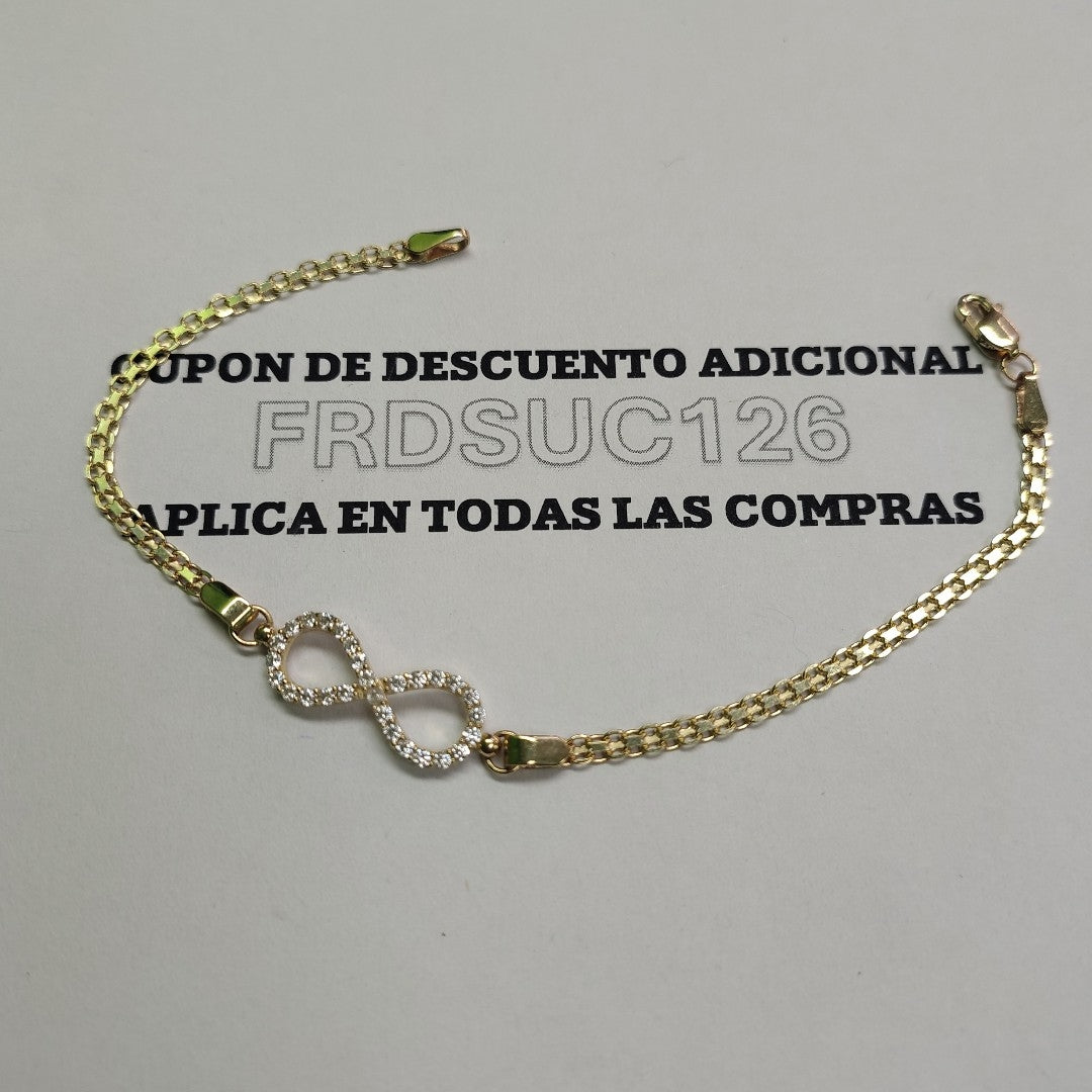 PULSERA TEJIDO ESPECIAL CON INFINITO Y CIRCONIAS 14K 18 CM 3.4 GR (NUEVO)