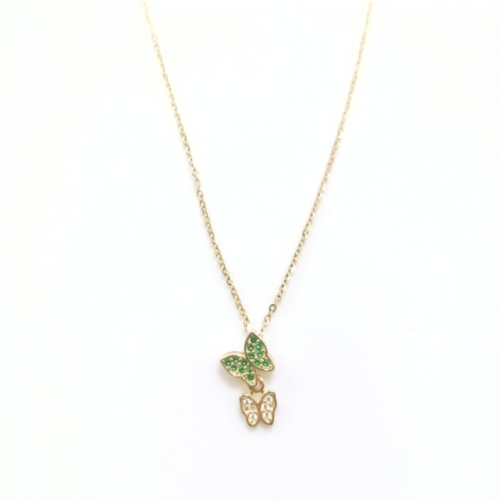 CADENA TEJIDO GARGANTILLA CON DIJE MARIPOSAS CIRCONIAS Y PIEDRAS DE COLOR 14K 45 CM 2 GR (NUEVO)