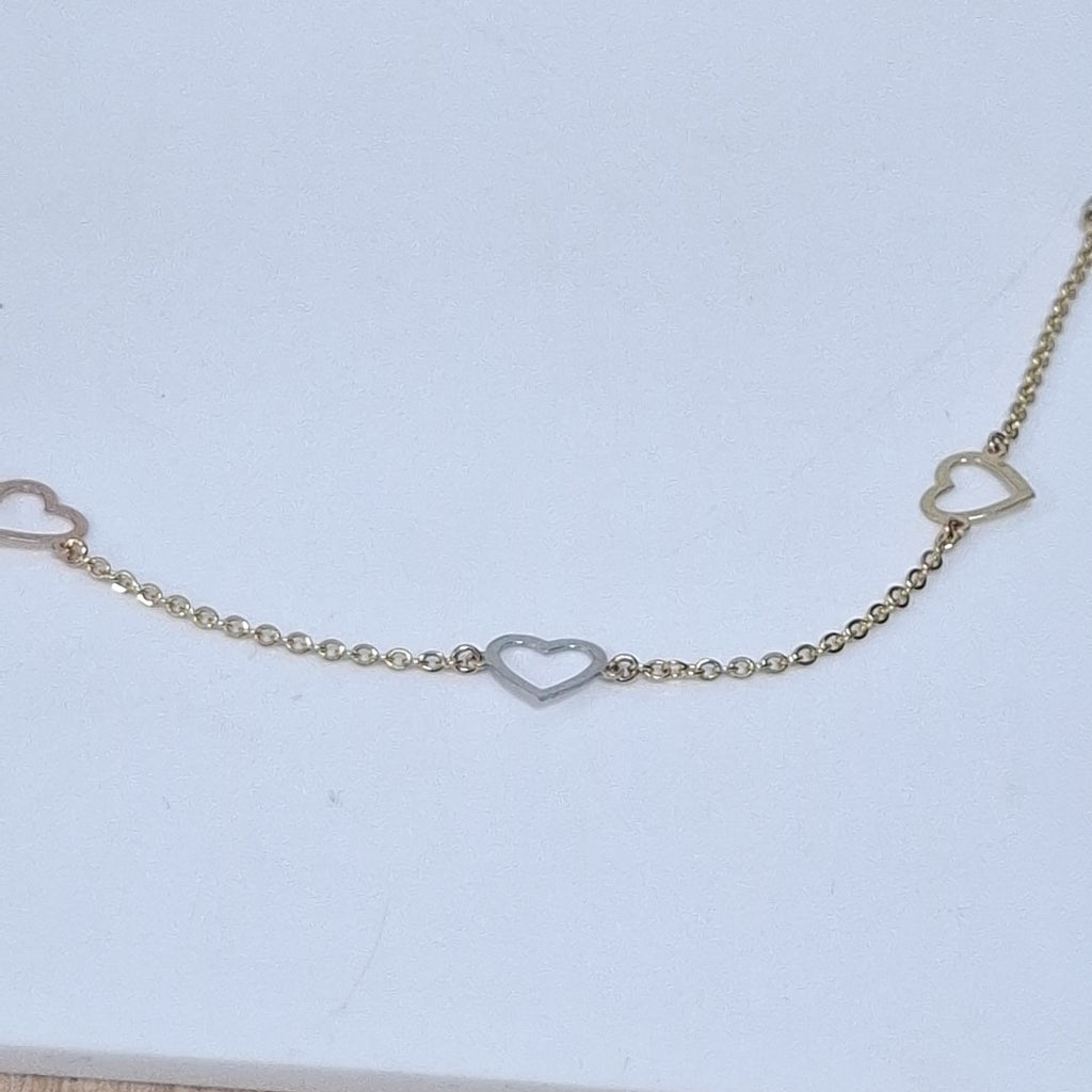 PULSERA ESPECIAL CON CORAZONES CONBINADOS 14K 18 CM 1.7 GR (NUEVO)