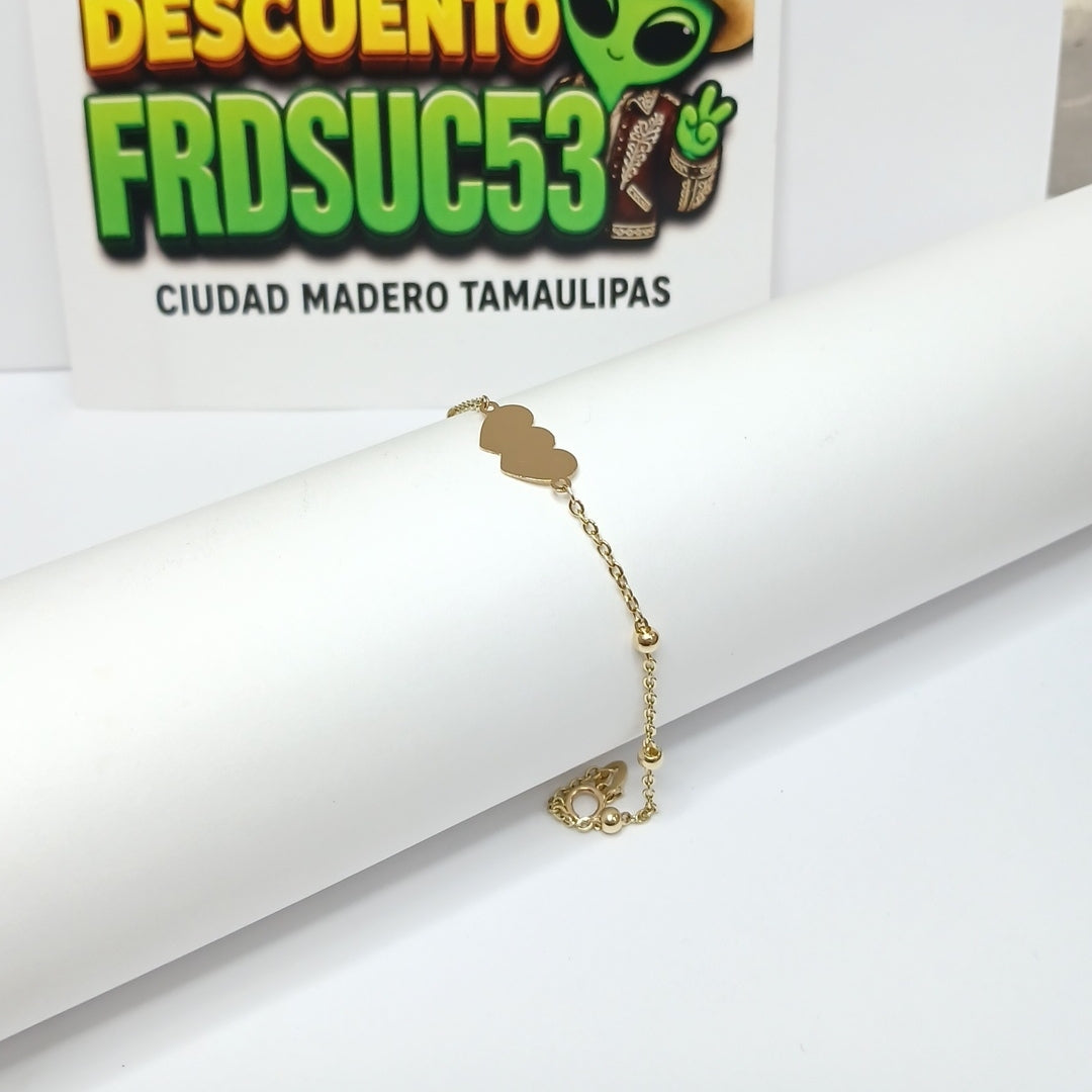 PULSERA TEJIDO ESPECIAL CON DOS CORAZONES 14K 18 CM 1.7 GR (NUEVO)