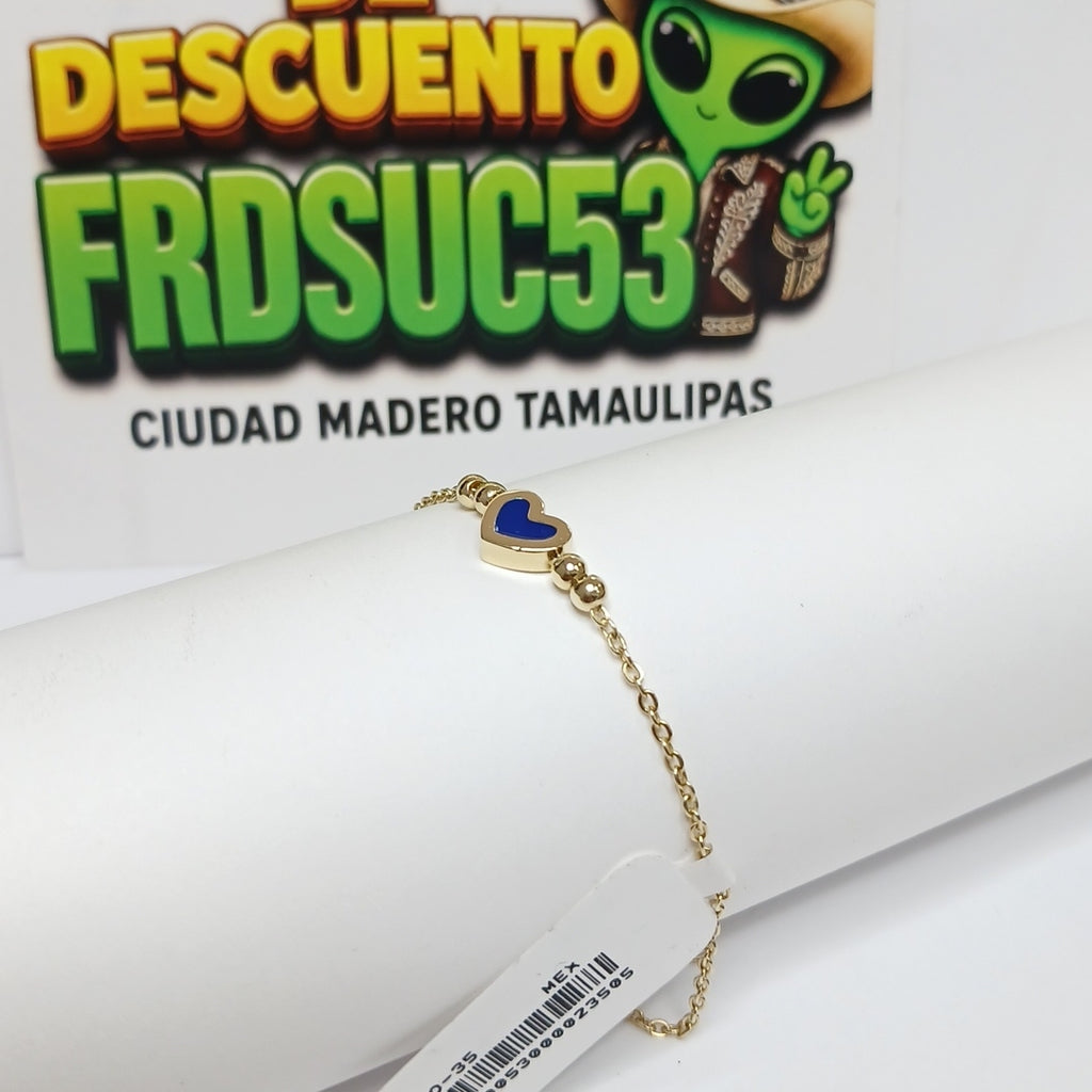 PULSERA TEJIDO ESPECIAL CON FIGURA CORAZON CON ESMALTE AZUL 14K 18 CM 2 GR (NUEVO)