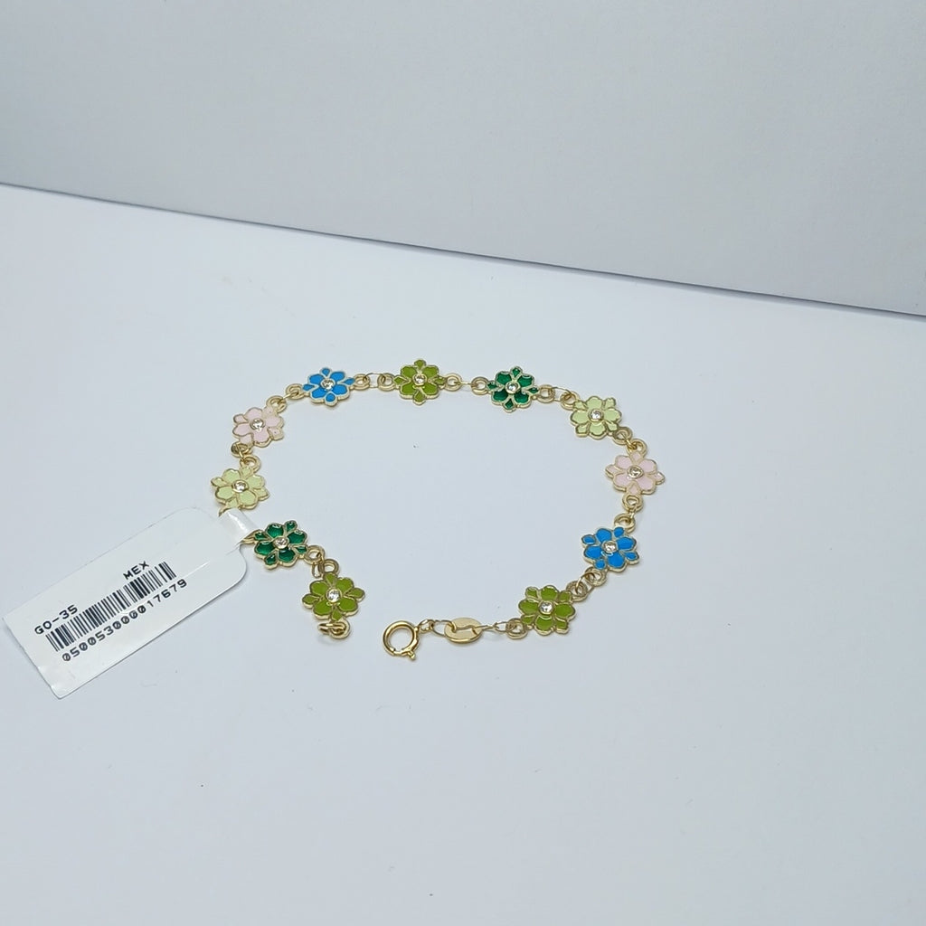 PULSERA ESPECIAL FLORES CON ESMALTE 14K 18 CM 4.5 GR (NUEVO)
