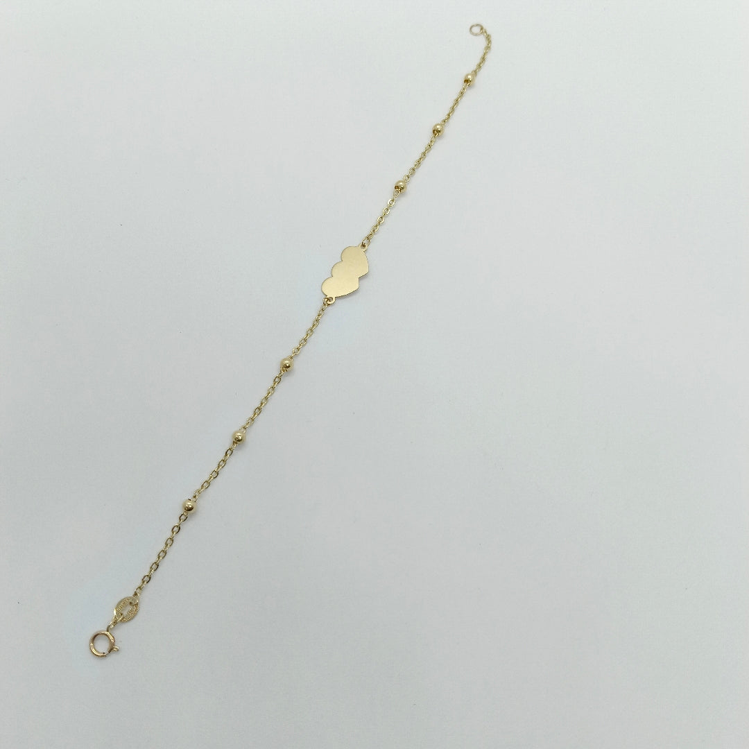 PULSERA TEJIDO ESPECIAL CON DOS CORAZONES 14K 18 CM 1.8 GR (NUEVO)