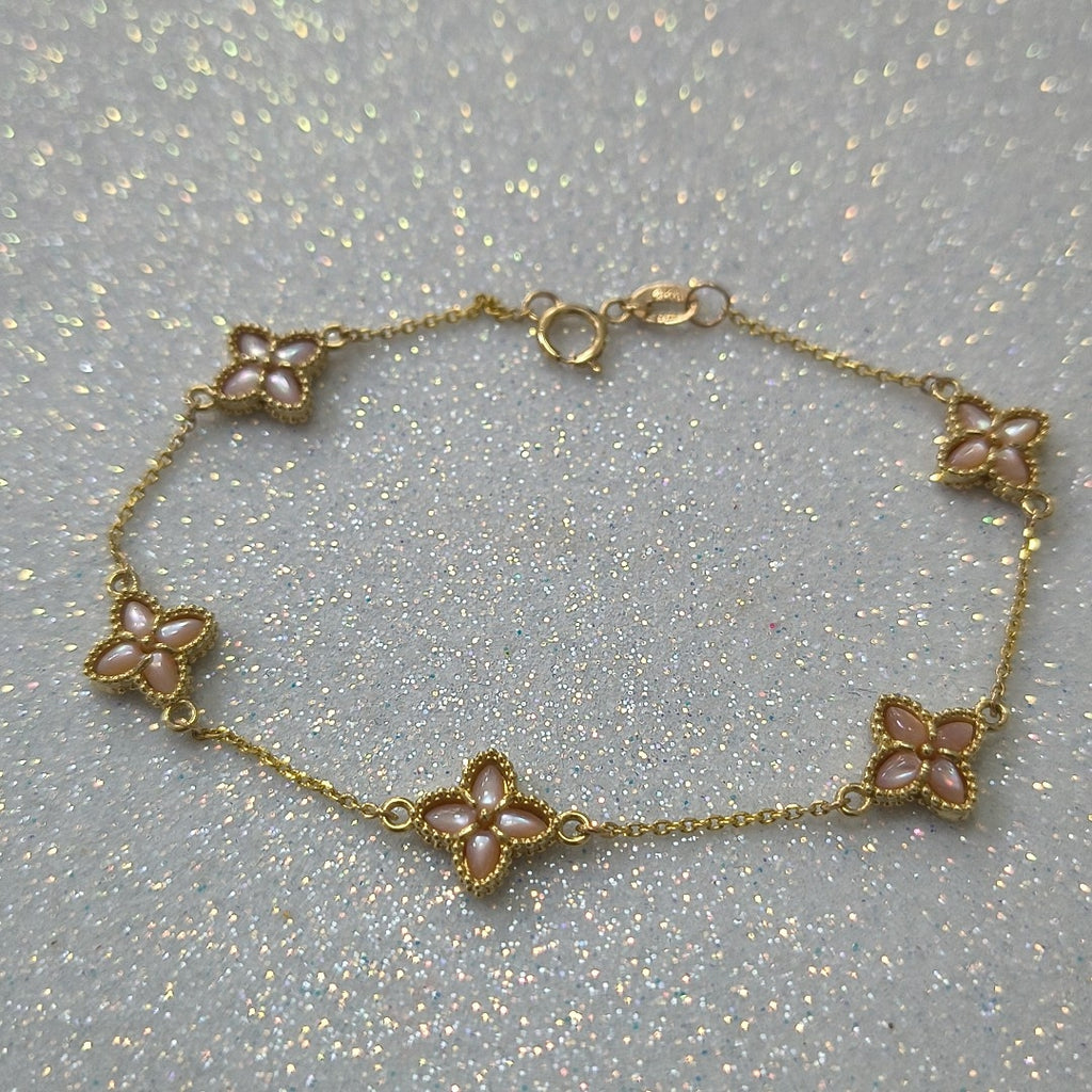 PULSERA ESPECIAL DIJES FLOR PIEDRA COLOR 10K 18 CM 3.2 GR (NUEVO)