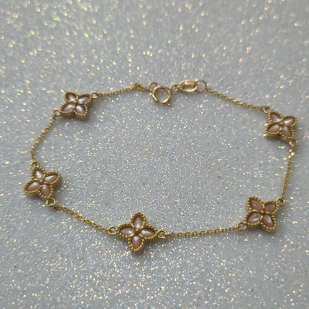 PULSERA ESPECIAL DIJES FLOR PIEDRA COLOR 10K 18 CM 3.2 GR (NUEVO)