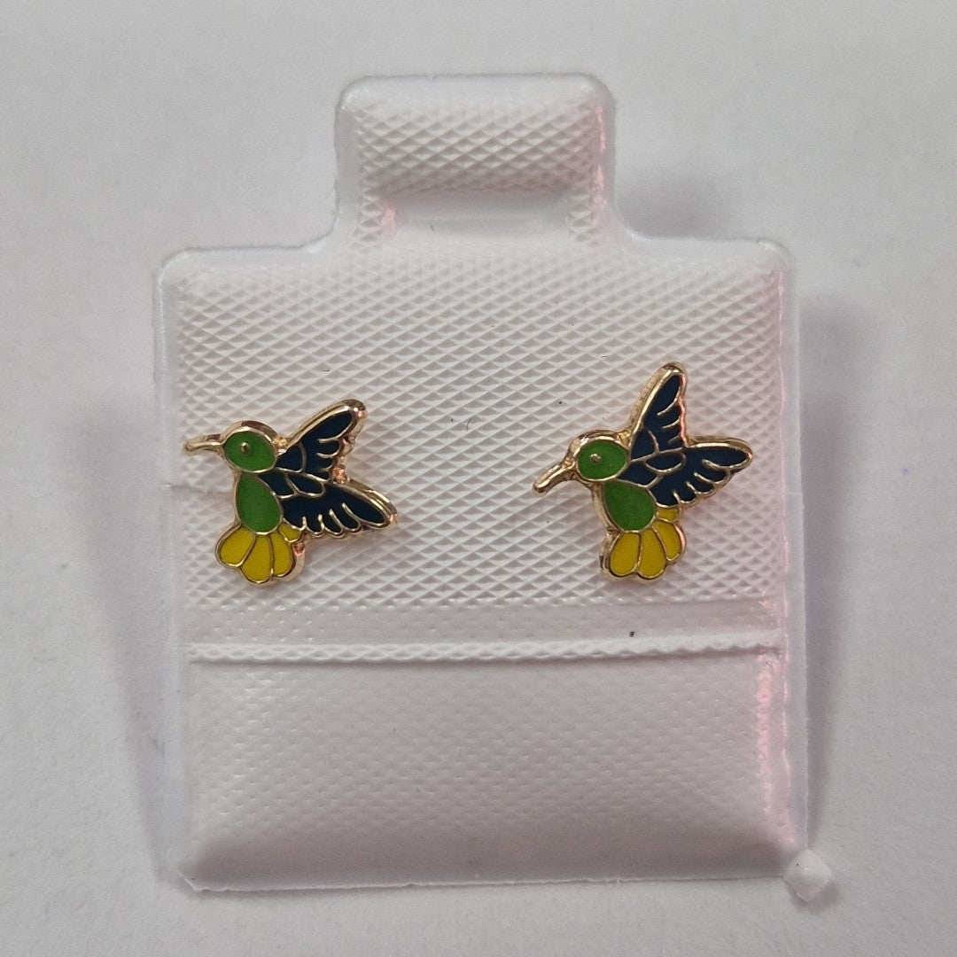 BROQUELES BROQUEL FIG COLIBRI ESMALTE VERDE 14K 0.2138 GR (NUEVO)