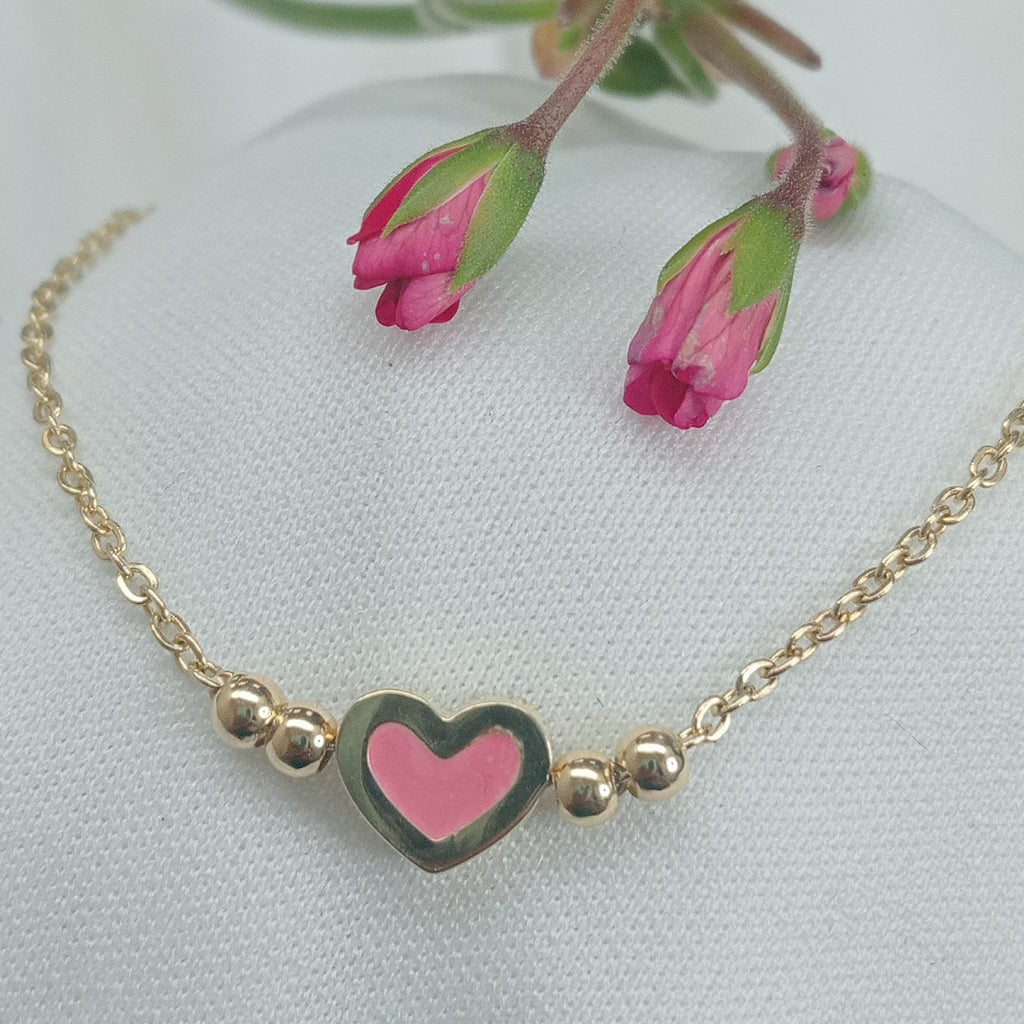 PULSERA TEJIDO ESPECIAL CON FIGURA CORAZON CON ESMALTE ROSA 14K 18 CM 2 GR (NUEVO)