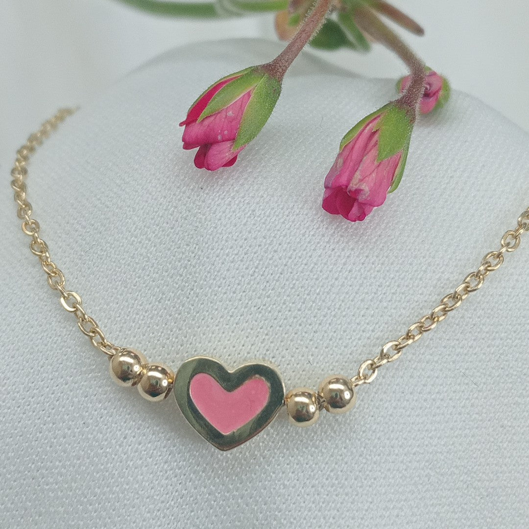 PULSERA TEJIDO ESPECIAL CON FIGURA CORAZON CON ESMALTE ROSA 14K 18 CM 2 GR (NUEVO)