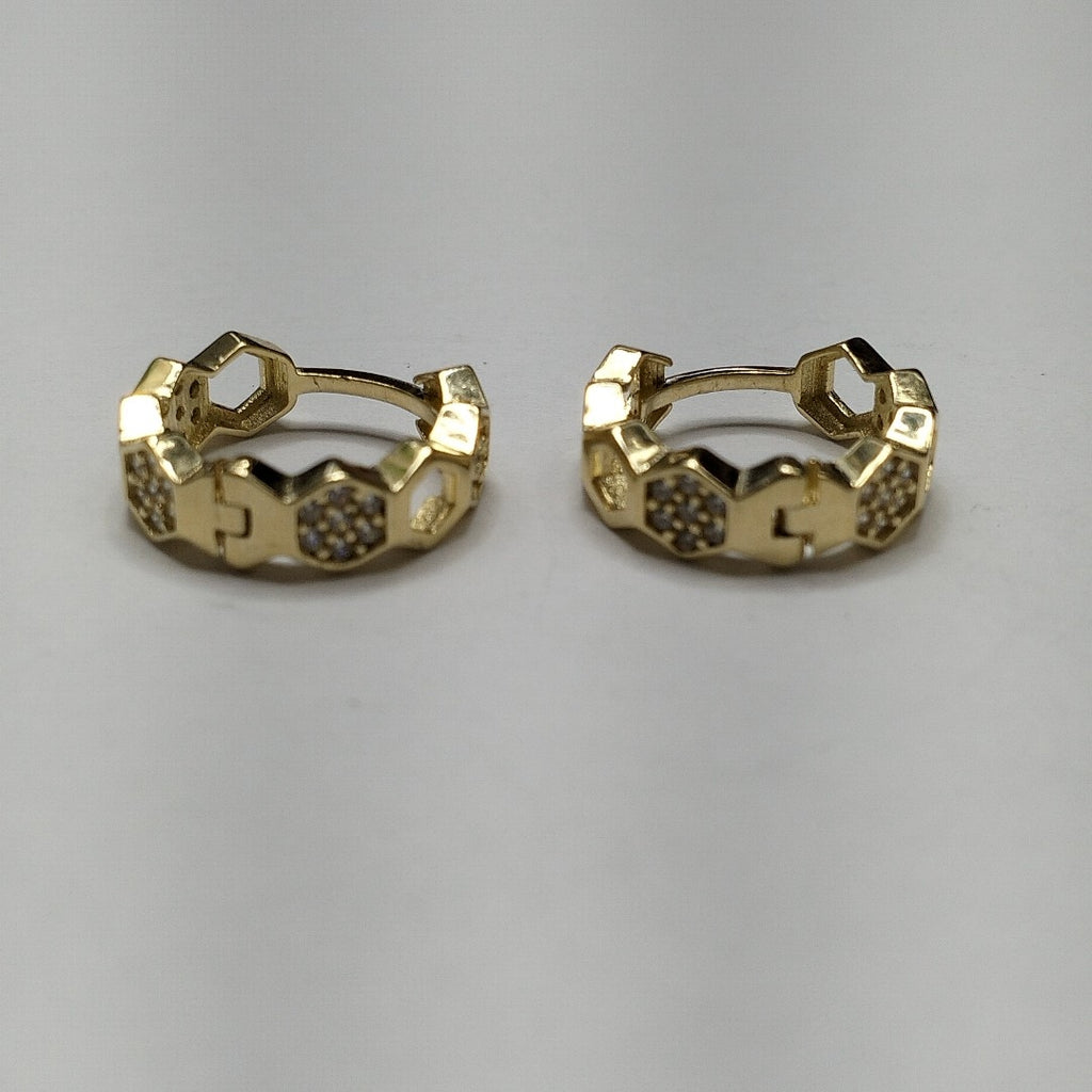 ARETES HUGGIES HEXAGONALES C CIRCONIAS 14K 2.7 GR (NUEVO)