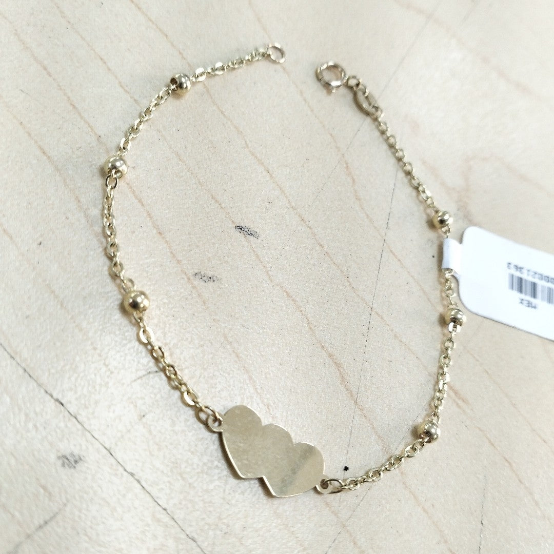 PULSERA TEJIDO ESPECIAL CON DOS CORAZONES 14K 18 CM 1.8 GR (NUEVO)