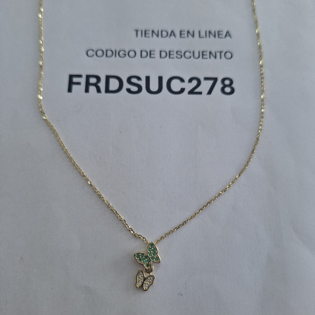 CADENA TEJIDO GARGANTILLA CON DIJE MARIPOSAS CIRCONIAS Y PIEDRAS DE COLOR 14K 45 CM 2 GR (NUEVO)