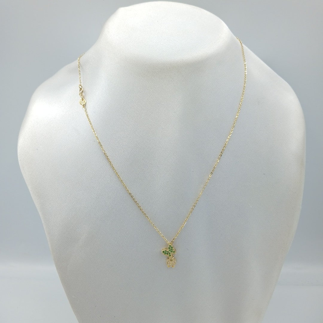 CADENA TEJIDO GARGANTILLA CON DIJE MARIPOSAS CIRCONIAS Y PIEDRAS DE COLOR 14K 45 CM 2 GR (NUEVO)