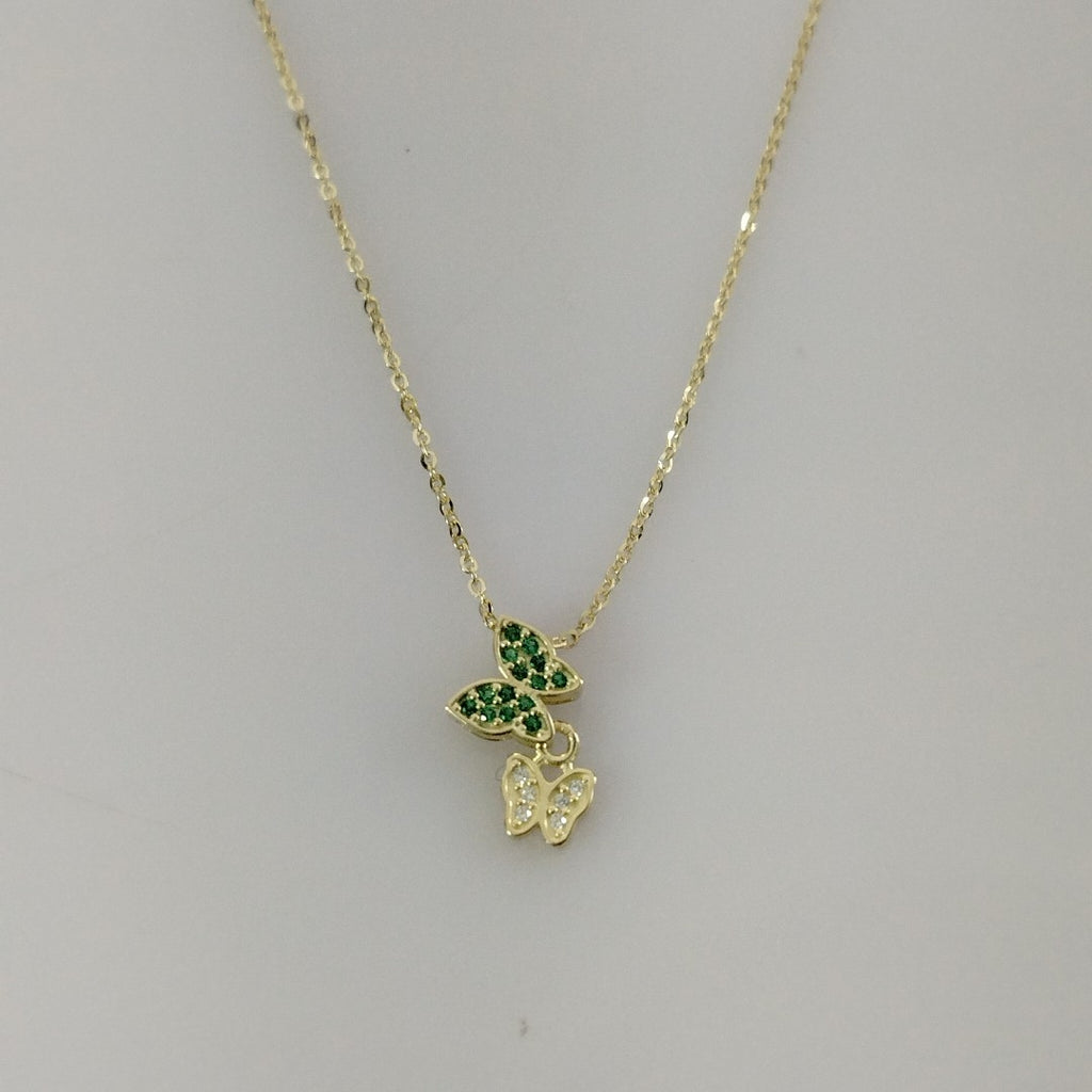 CADENA TEJIDO GARGANTILLA CON DIJE MARIPOSAS CIRCONIAS Y PIEDRAS DE COLOR 14K 45 CM 2 GR (NUEVO)