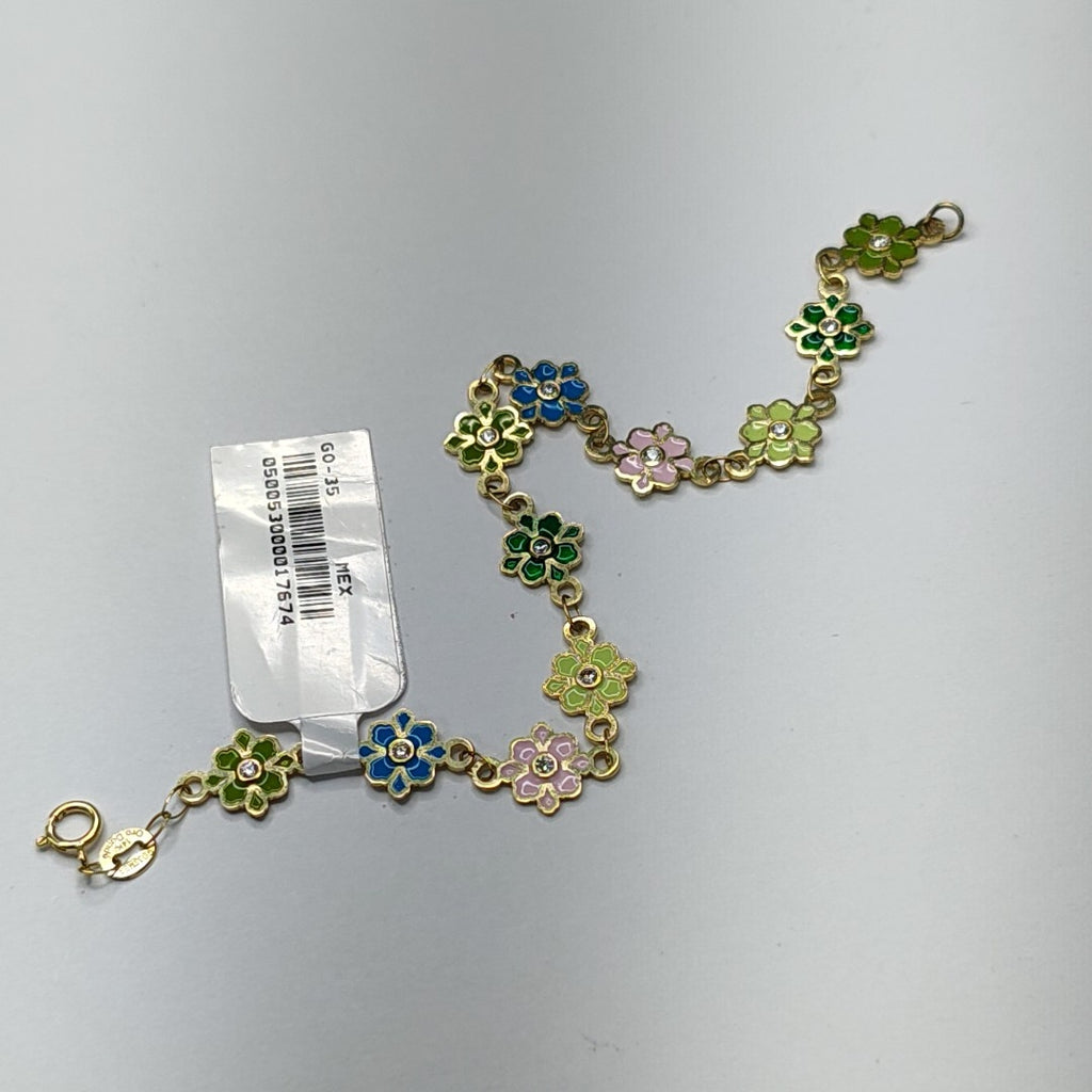 PULSERA ESPECIAL FLORES CON ESMALTE 14K 18 CM 4.5 GR (NUEVO)