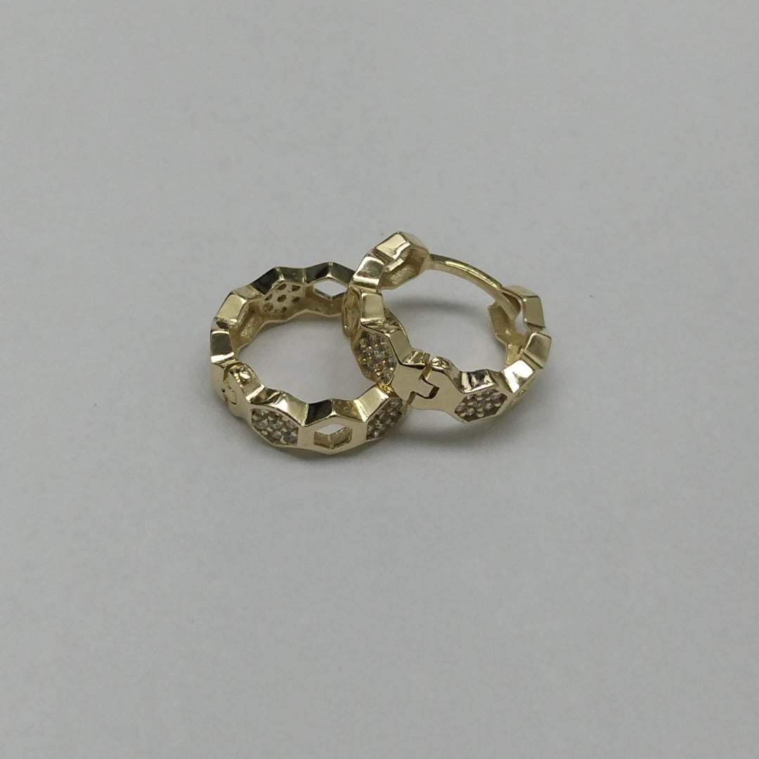 ARETES HUGGIES HEXAGONALES C CIRCONIAS 14K 2.8 GR (NUEVO)