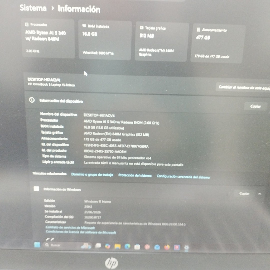 LAPTOP HP OMNIBOOK 3 NGAI 15-FN0051LA (2025) 512 GB SSD 16 GB RAM (SEMINUEVO)