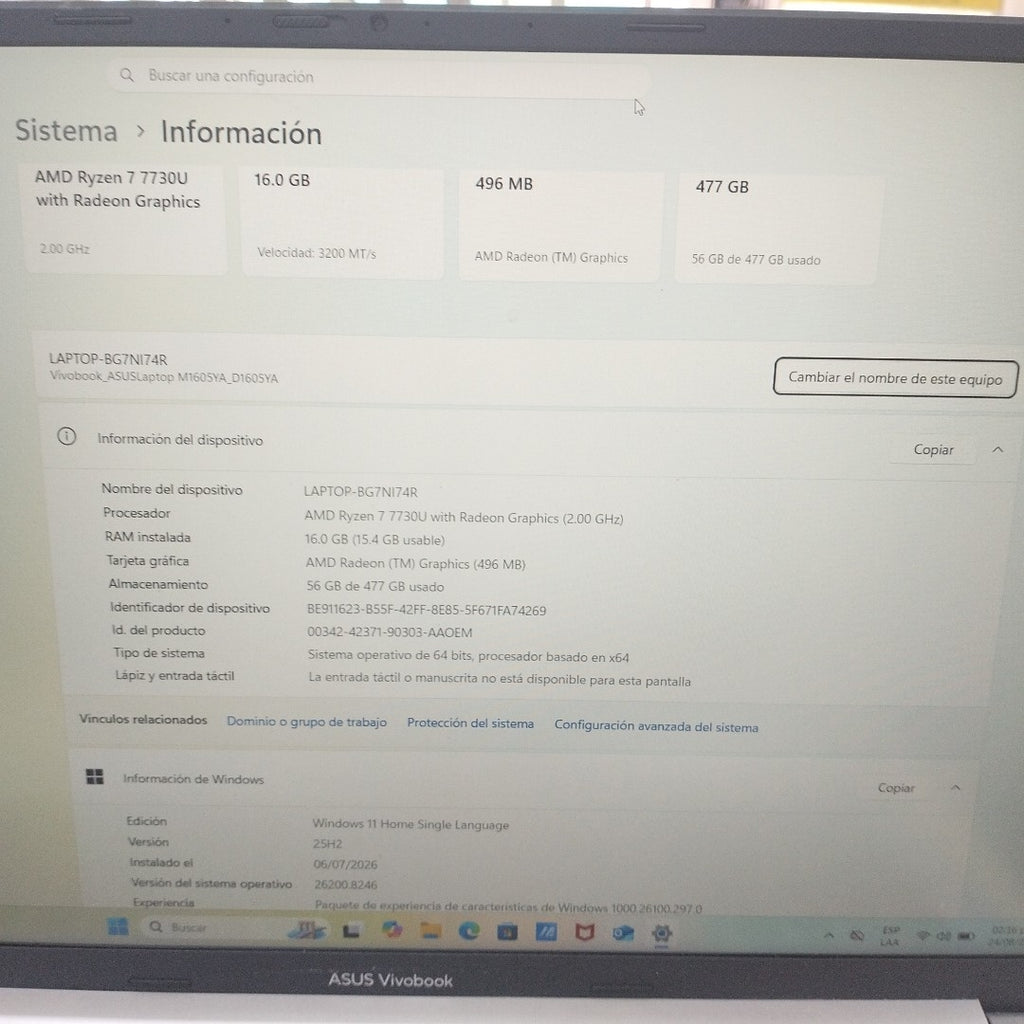 LAPTOP ASUS VIVOBOOK 16 D1605YA-MB470W (2024) 512 GB SSD 16 GB RAM (SEMINUEVO)