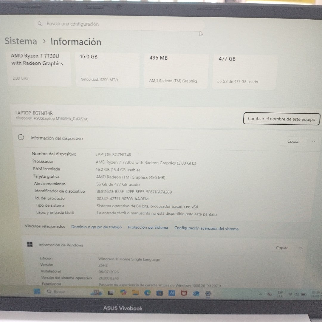 LAPTOP ASUS VIVOBOOK 16 D1605YA-MB470W (2024) 512 GB SSD 16 GB RAM (SEMINUEVO)